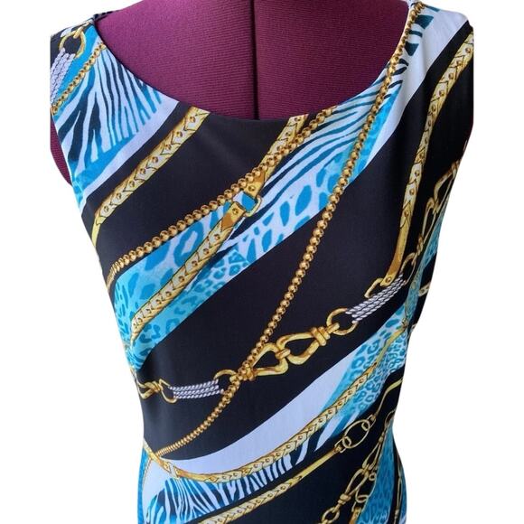 CACHE Size 12 Blue Blk Gold Chain Cheetah Print Fitt Dress Lined Sleeveless Sexy - Picture 6 of 8